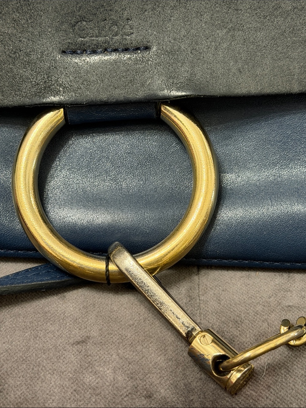 Chloe Navy Leather & Slate Suede Crossbody with Gold Ring - Picture 4 of 10